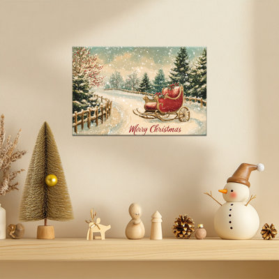 Abiella – Vintage Red Sleigh Winter Scene Painting Canvas Prints Ready To Hang, Holiday Artwork Poster Picture for Christmas Wall Decor, Christian Gifts, Farmhouse Home Decoration, 12×16 Inches