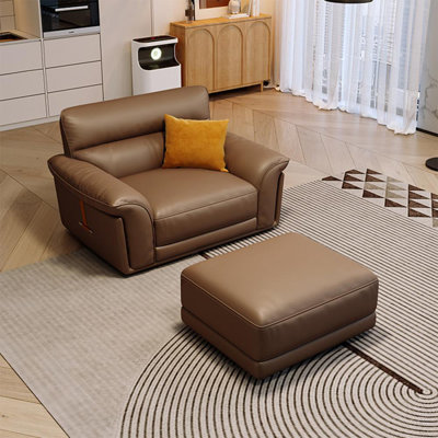 Coffee Genuine Leather cushion Arm Chair with Ottoman