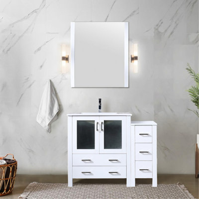 Gris foncé 42 po W Meuble-lavabo avec compartiments à tablettes latérales, robinet, lavabo en céramique et 28 tiroirs muraux suspendus - tiroir à finition miroir, surface