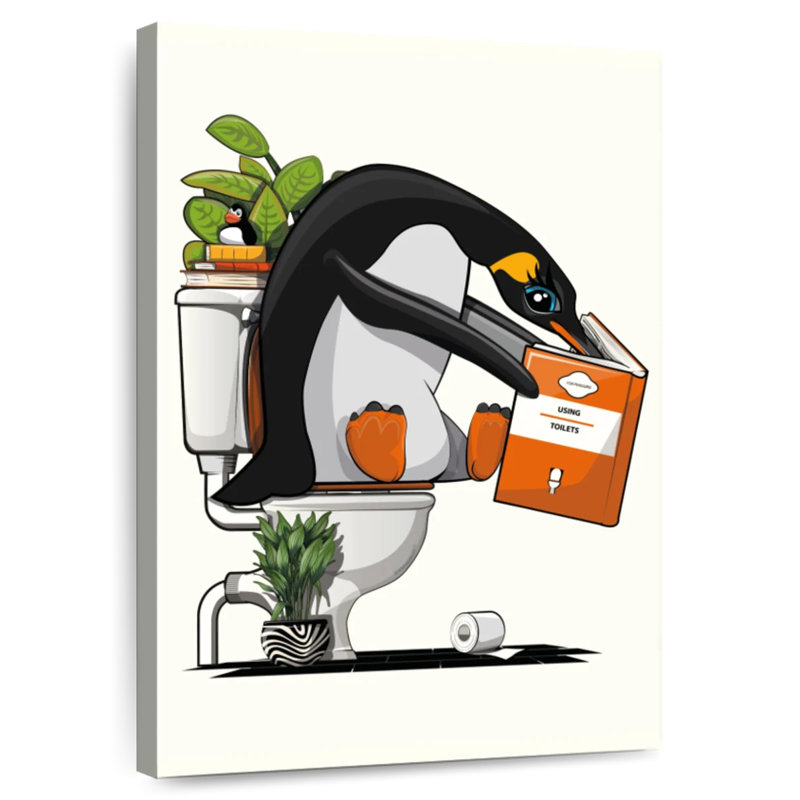 Pingouin sur la toilette lisant un livre, H 45 po x l 30 po