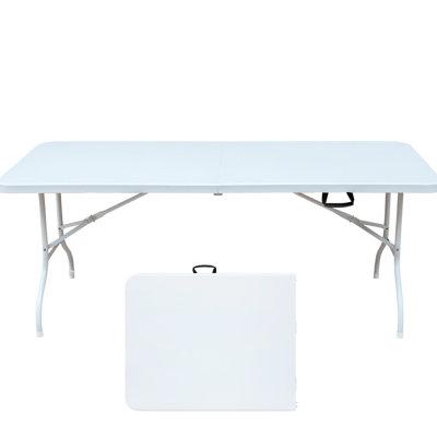 Table pliante 6 pi pour le camping, les pique-niques et les fêtes. Plastique portatif avec support de charge élevé. Plateau de table lisse et imperméable. Caractéristique de stabilité triangulaire. Trois hauteurs réglables. Léger, pliable