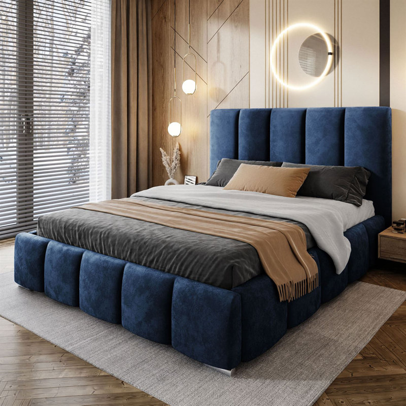 Avnoor SLOANE Upholstered Bed with Storage Box, Navy blue, European Double (140 x 200cm)