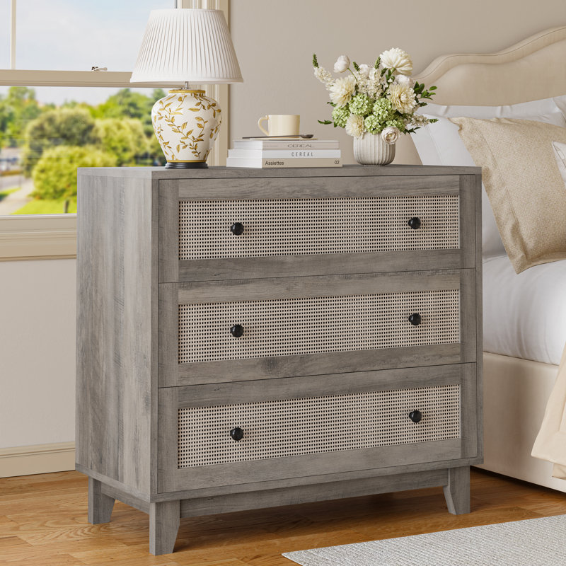 Commode 3 tiroirs, commode, poignées en bois Boho, Gris