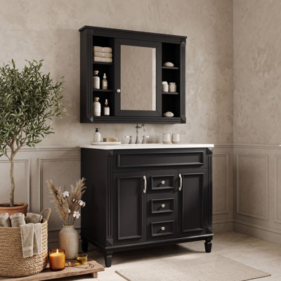 Ensemble de meuble-lavabo contemporain avec armoire à miroir, ensemble de meuble-lavabo autoportant avec portes à fermeture douce et grand espace de rangement