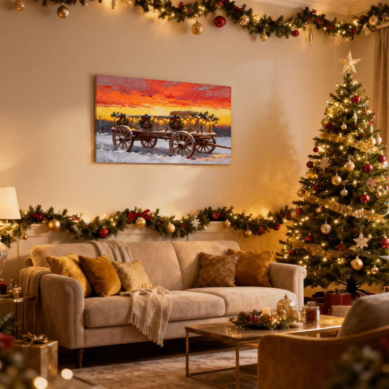 «Christmas Winter Wagon Christmas Lights Sunset Snowscape», ensemble de 3 impressions d'art sur toile, H 16 po x l 24 po