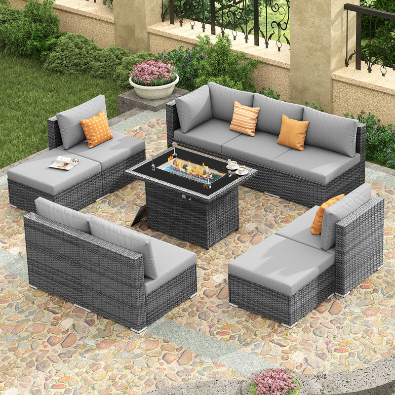 Ensemble de conversation modulaire d'extérieur en osier 10 pièces avec table de foyer au propane et coussins 43 "Bromelia