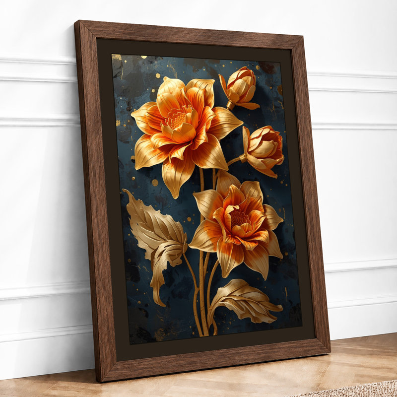 Golden Roses Study Botanical - Framed Print, Walnut, A3 - 42.0 x 29.7 cm
