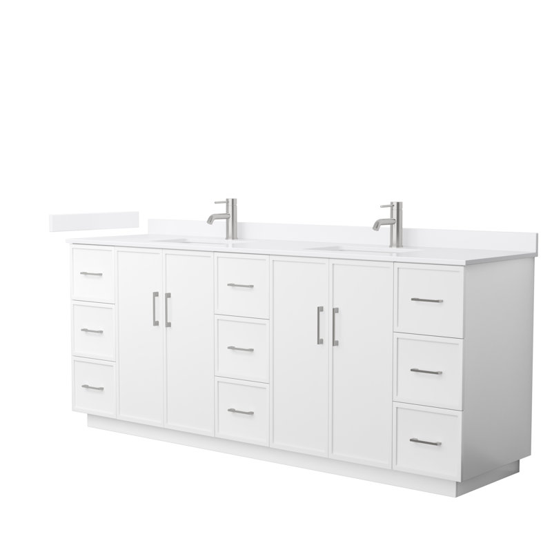 Elan TK 84" Freestanding Double Bathroom Vanity with Quartz Top, White Quartz, Brushed Nickel, White
