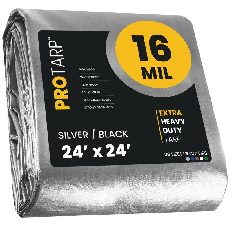 Bâche en polyéthylène robuste de 16 mil, imperméable et résistante aux rayons UV, Argent / noir, 24 pi x 24 pi