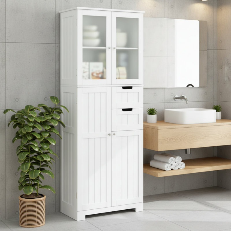 Meuble-lavabo de 67 po en lin blanc avec portes et tiroirs amovibles; Peut également être utilisé comme armoire de cuisine.
