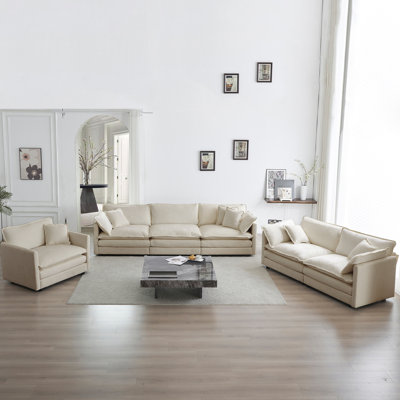 Canapé modulaire moderne à 6 places, 3 pièces et chenille beige simple, fabriqué en matériaux de chenille respirants confortables pour un salon modulaire très profond avec tissu haut de gamme