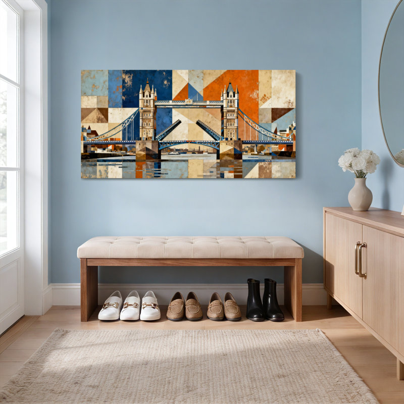 Ensemble de 1 tableau abstrait géométrique sur toile tendue représentant le Tower Bridge, H 12 po x l 36 po