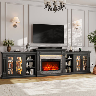 135" Modular Sectional Fireplace Tv Stand,Entertainment Center With Led Lighting And Outlet&Open Bookcase & Storage Cabinets, Large Media Console Table With 30" Electric Fireplace ,Black