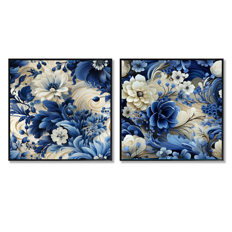 Stamford - Ensemble de 2 collages floraux carrés, Cadre flottant noir, H 16 po x l 33 po