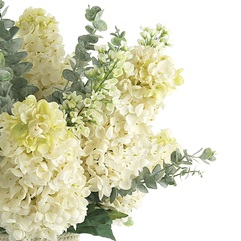Traditional Thistle Hydrangea and Lilac Arrangement in Glass Vase with Rope Accent, White