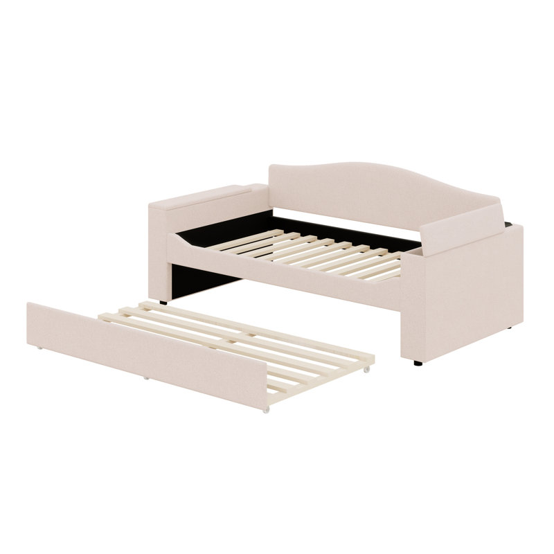 Upholstered Daybed With Storage Armrests, Trundle Bed And Latest Integrated Bluetooth Audio System, Beige