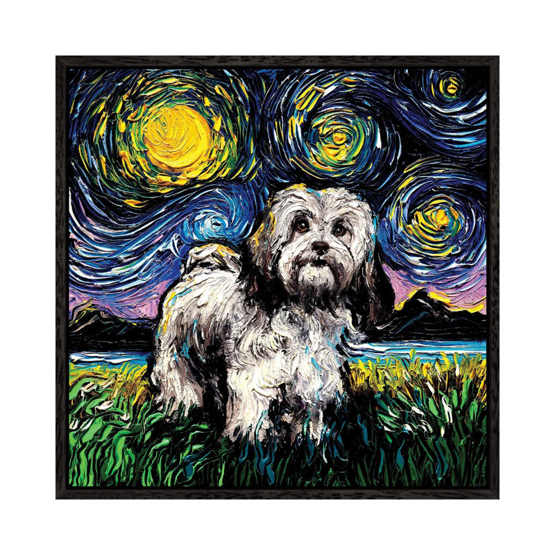 Lhasa Apso Night 1 Piece Painting on Canvas, 45.72 cm H x 45.72 cm W, Black Framed