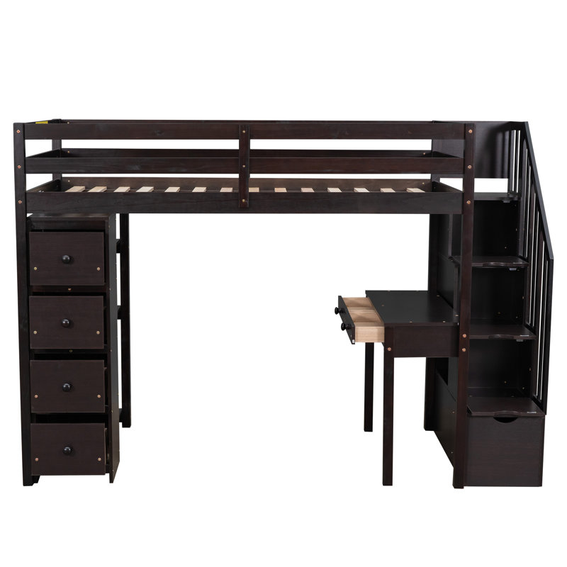 Twin size Loft Bed with Storage Drawers ,Desk and Stairs, Wooden Loft Bed with Shelves, Espresso