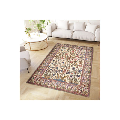Tapis décoratif multicolore à motif floral et base tissée lavable à la machine