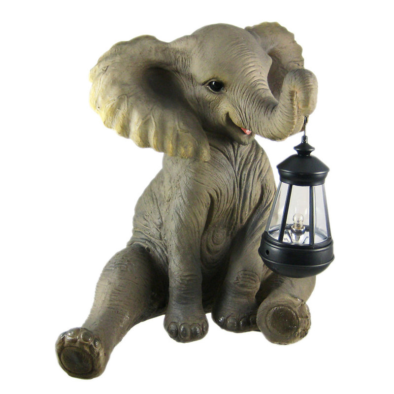 Hand-Painted Gray Resin Elephant Garden Statue with Lantern