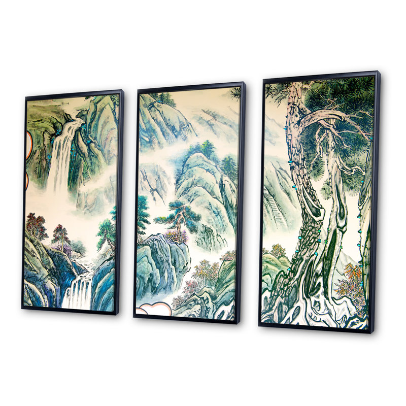 «Blue Chinese Landscape», peinture sur toile flottante 3 pièces, Noir, H 28 po x l 36 po