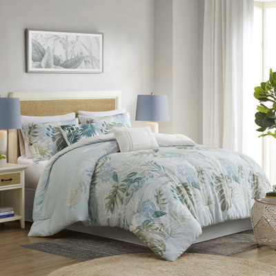 Couette bleue double avec 6 pièces et coussin décoratif - Imprimé tropical pour une ambiance côtière mystérieuse, lavable à la machine, facile d'entretien.