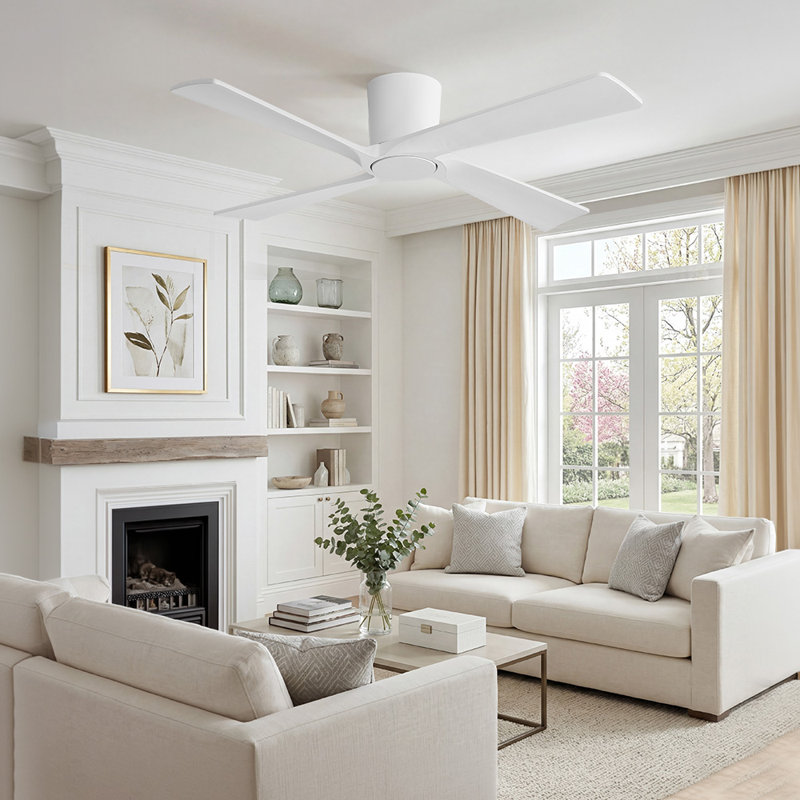 48 in. 4 Solid Wood Blades Dc Motor Indoor Flush Mount Standard Ceiling Fan with Remote, 48" W, White, White