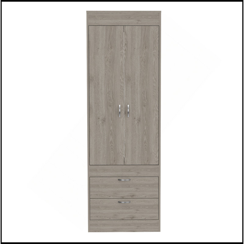 Armoire Lisboa, tringle, double porte, deux tiroirs, poignées en métal gris clair