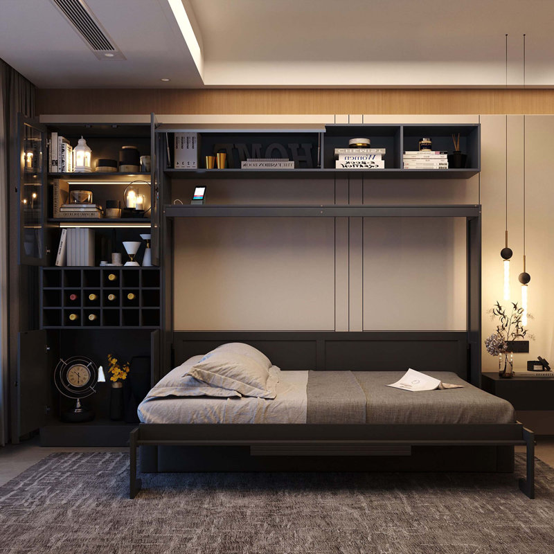 Storage Murphy Bed With Lights Cabinet, Sofa And Wine Rack, Gray, Twin