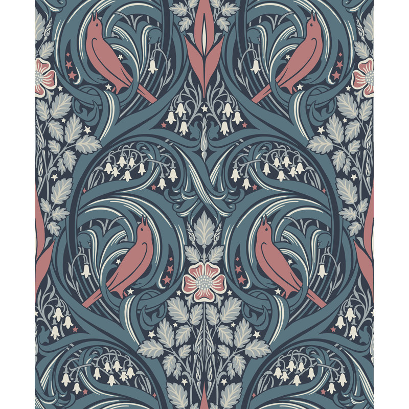 Mamadou Bird Scroll 10.05 m x 53 cm Matte Wallpaper Roll, Blue/Coral