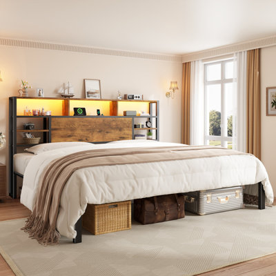 Bed with Storage Headboard, RGB LED Lights & USB Charging - Multi-Tier Shelves, Full/Queen/King