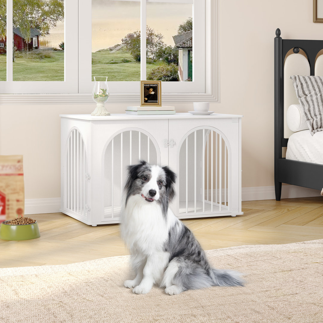 Dog Crate Furniture, 100 cm Wooden Dog Crate, Indoor Kennel for Small/Medium/Large Dogs, End Side Table Animal Crates, Anti-Chew, Anti-Escape, Arched