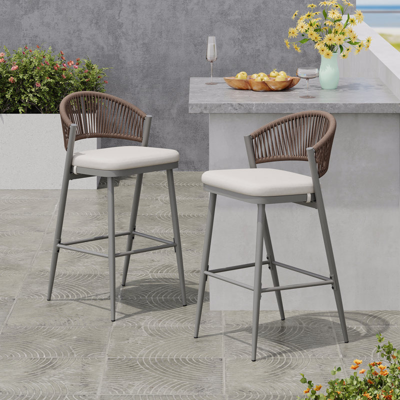 Set Of 2 Outdoor Patio Barstools, 30.25" Seat Height Metal Frame With PE Rattan Scallop-Shaped Backrest, Gray, Gray