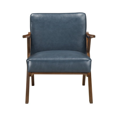 Brown Finish Solid Rubberwood Frame 1Pc Accent Chair Blue Faux Leather Upholstery Living Room Furniture