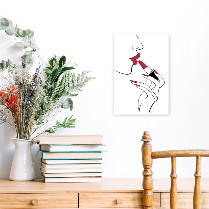 Red Lipstick Elegance Contemporary Elegant Minimalist Portrait Wall Art Print 1 Piece Wrapped Canvas Wall Art
