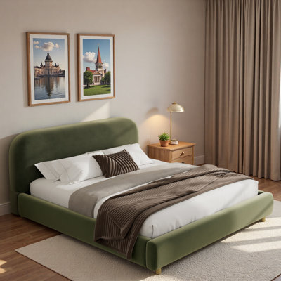 Velvet Platform Bed With Curve-shaped Design Headboard And Wood Legs