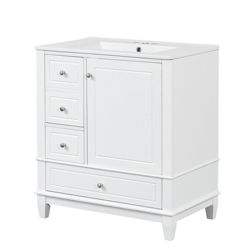Meuble-lavabo moderne avec lavabo en céramique, porte à fermeture amortie, rangement à plusieurs niveaux et finition résistante à l'humidité