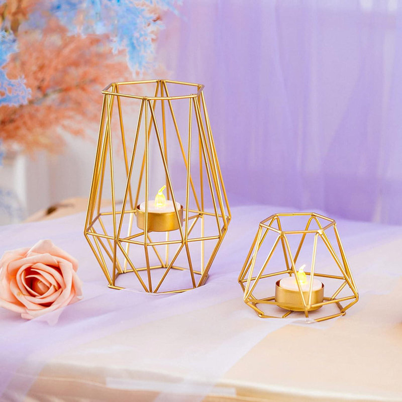 2 Pcs Metal Hexagon Shaped Geometric Design Tea Light Votive Candle Holders, Iron Hollow Tealight Candle Holders , Gold (S + L)
