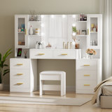 59.1" Large Vanity Desk Table With Mirror & Lights, White Makeup Vanity With Power Outlet And 8 Drawers 2 Cabinets