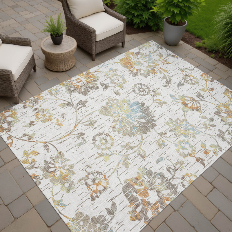 Machine Washable Indoor/Outdoor Chantille ACN2616 Floral Rug, Ivory, 9' x 12'