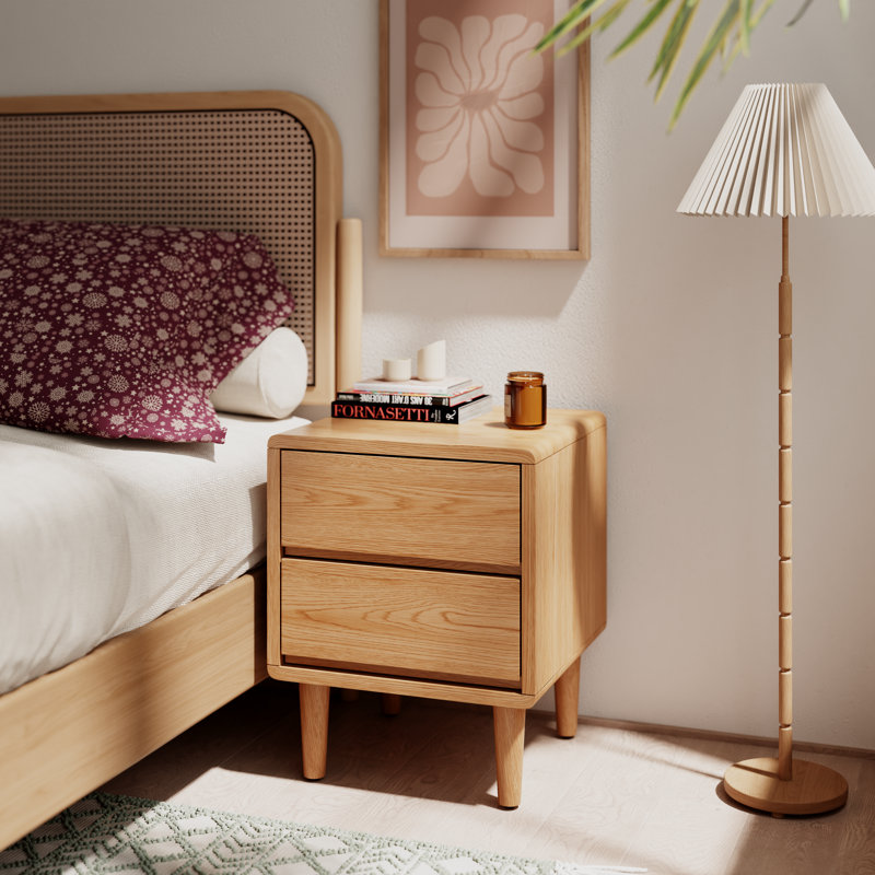 Solid Wood Mid-Century Modern Nightstand, Tan, 19.7" H