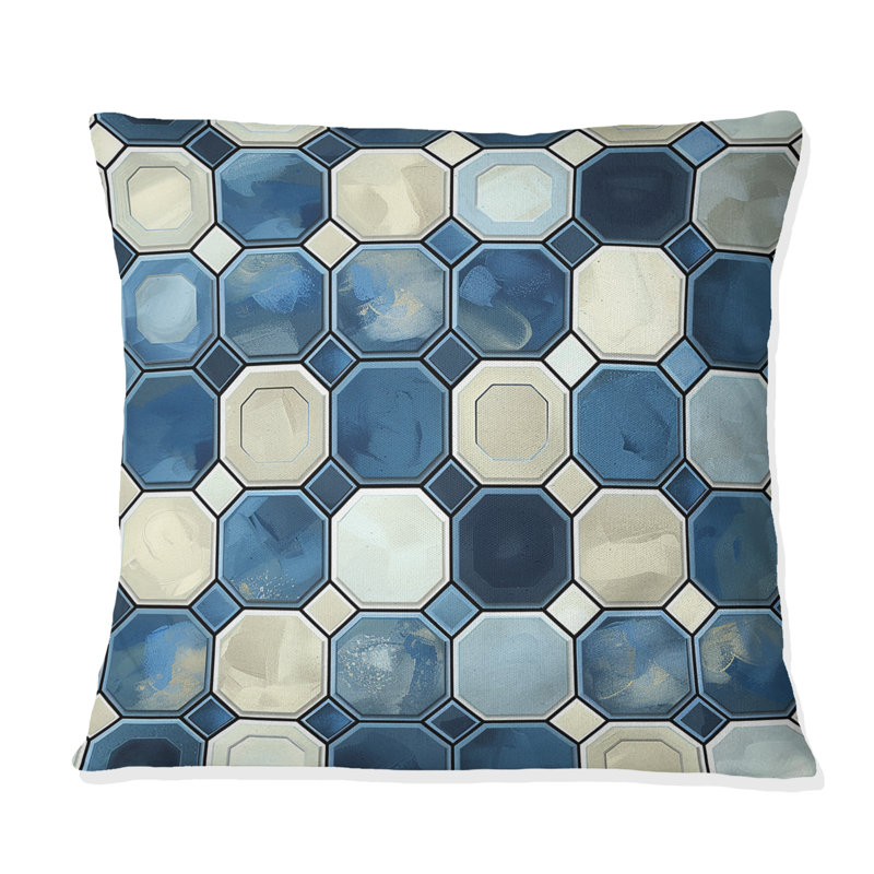 Imprimé hexagonal bleu et blanc I - Coussin moderne, H 16 po x l 16 po