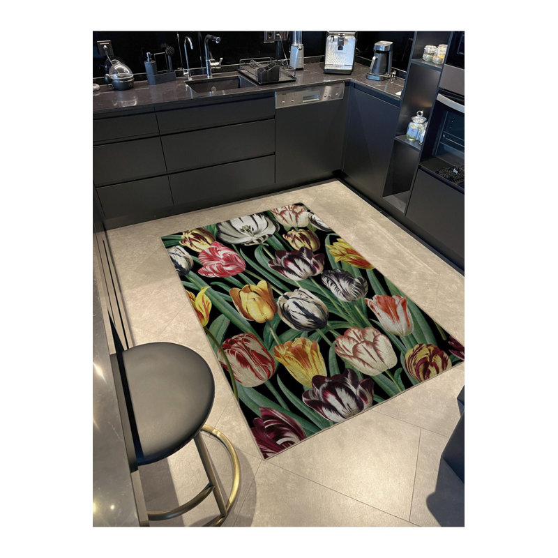 Tapis décoratif moderne à motif floral tulipe noir et vert, Sous-tapis rectangulaire de 3 pi 3 po x 4 pi 11 po