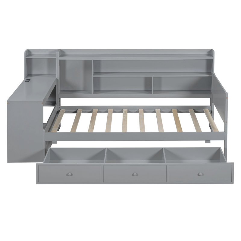 Lit de jour simple en bois avec 3 tiroirs, ports USB et bureau, gris