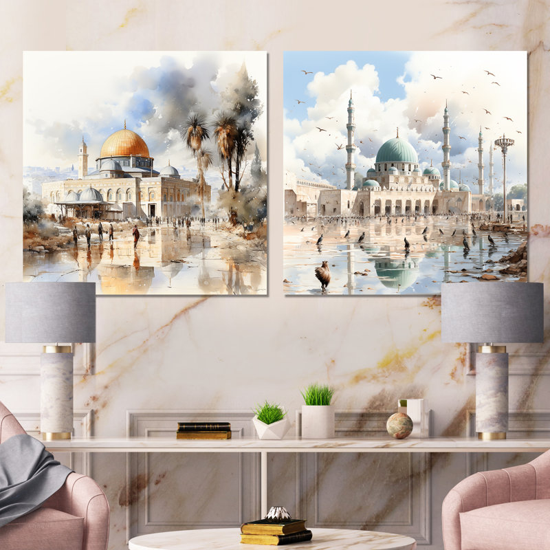 Ensemble de 2 œuvres d'art sur toile Mosquée, Toile tendue, H 16 po x l 33 po x P 1 po