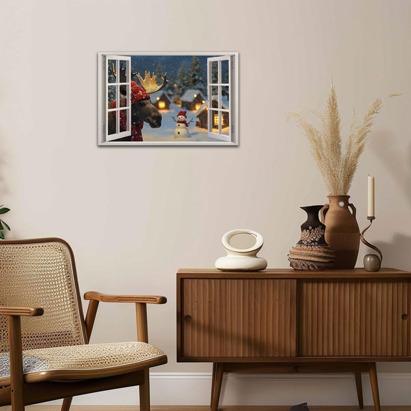 «Moose View Winter Wonderland», art mural - Scène d'hiver, décoration murale pour la joie de Noël, œuvre d'art du village des neiges pour le salon, impression murale sur toile encadrée, 24 po x 36 po