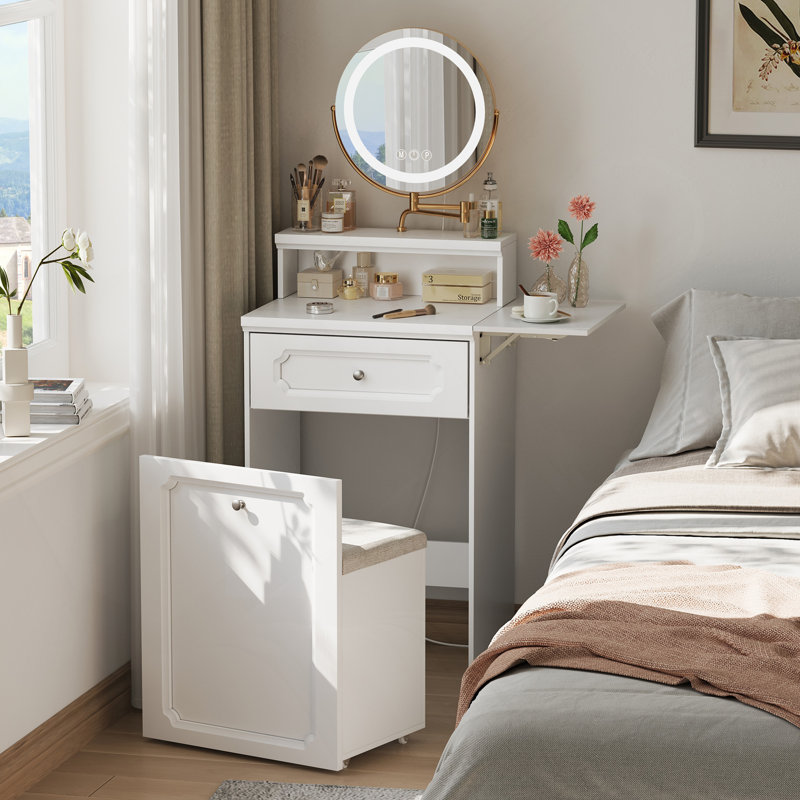 Meuble-lavabo blanc avec miroir rond et lumières, table de chevet 2 en 1, coiffeuse et fauteuil