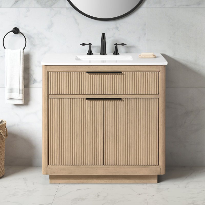Noah 36 In. Single Sink Freestanding Warm Walnut Bathroom Vanity With White Engineered Stone Top And Brushed Nickel Hardware