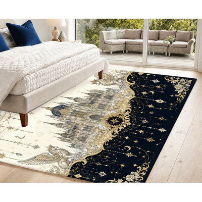 Tapis en velours antidérapant, impression de grande scène céleste orné de château médiéval rétro, tapis décoratif, décoration intérieure pour salon, chambre à coucher, appartement