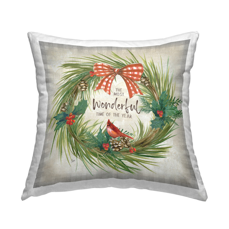 Most Wonderful Time Wreath Decorative Printed Throw Pillow by Nan